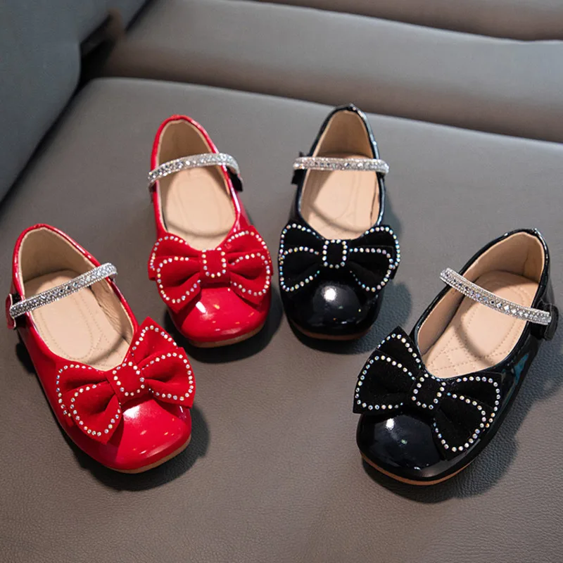 

Bow Rhinestone Children Flats Shoes Solid Shallow Party Shoes For Kids Fashion Comfortable Soft Non Slip Girls Single Shoes