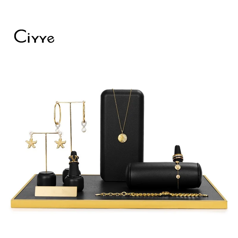

Ciyye Black PU Leather&Metal Jewelry Counter Display Set Props Shop Cabinet Display for Necklace Earrings Ring Bracelet