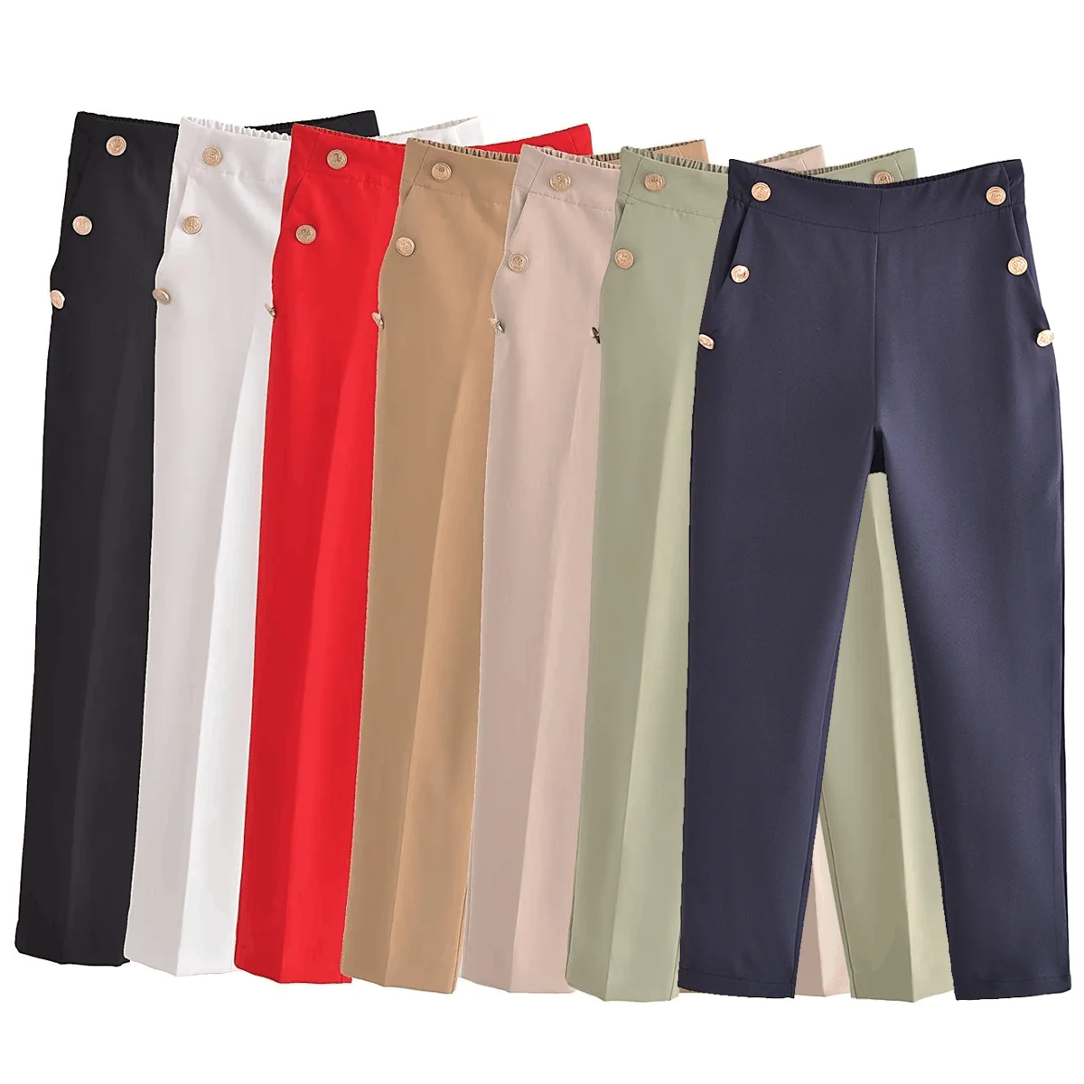 

Women 2023 New Fashion Metal button ornament Straight Pants Vintage High Elastic Waist Female Trousers Mujer