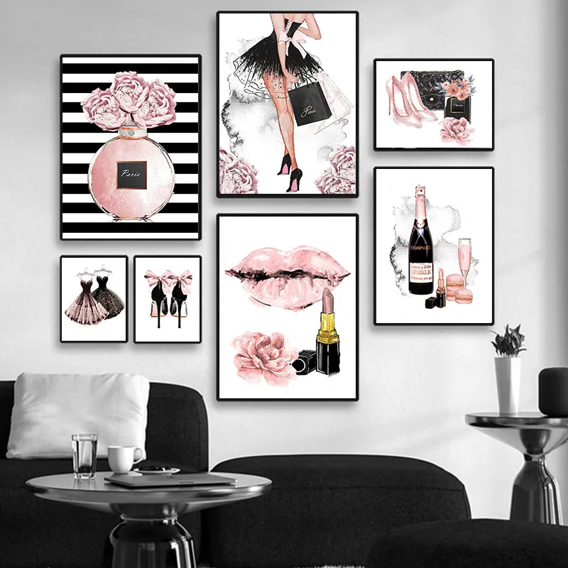 

Pink Black Fashion Beauty High Heel Perfume Dress Poster And Prints Girls Room Canvas Painting Home Decorative Wall Art Pictures