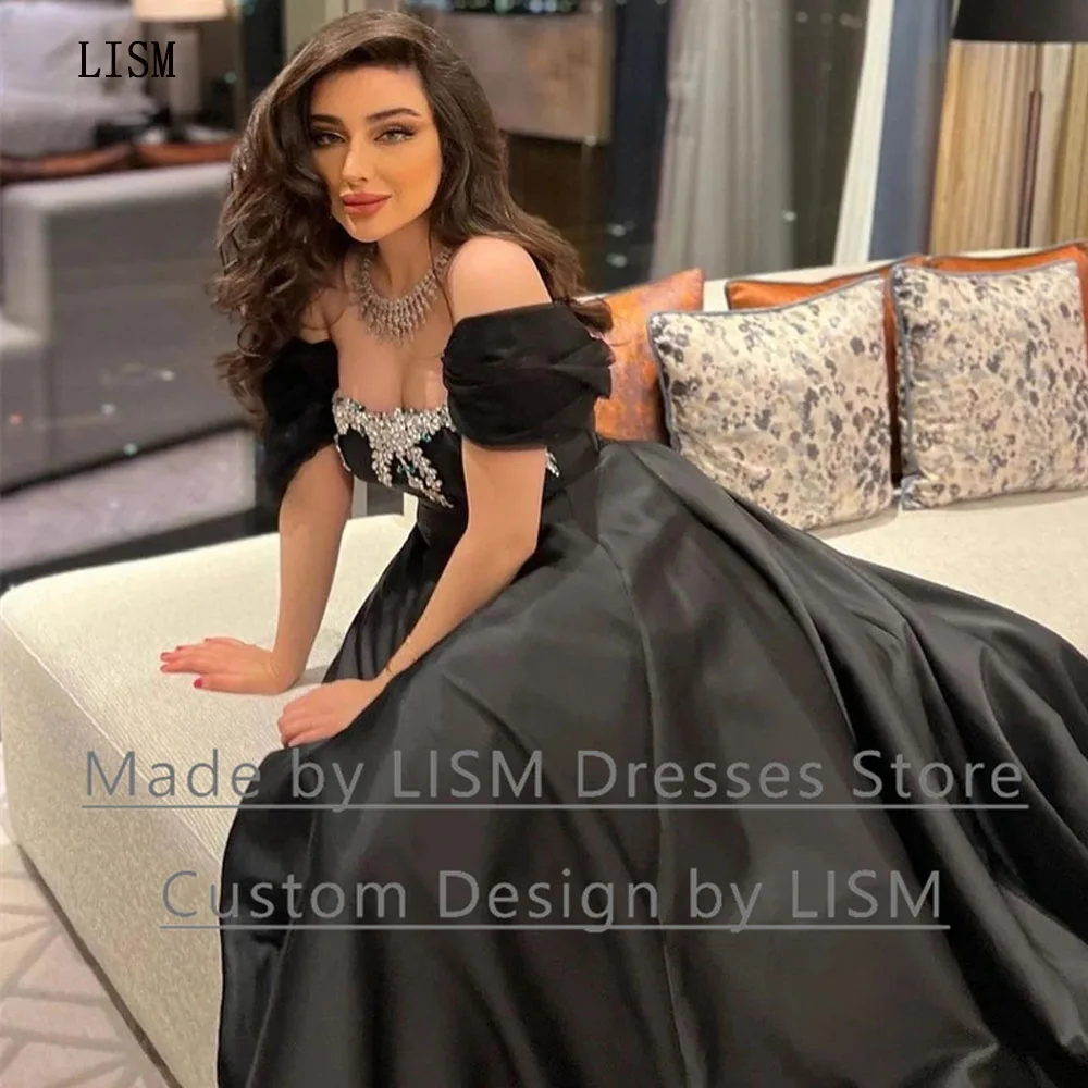 

Черные атласные вечерние платья LISM А-силуэта без бретелек с открытыми плечами блестящее бальное платье с кристаллами сексуальные арабские женские платья для выпускного вечера в Дубае