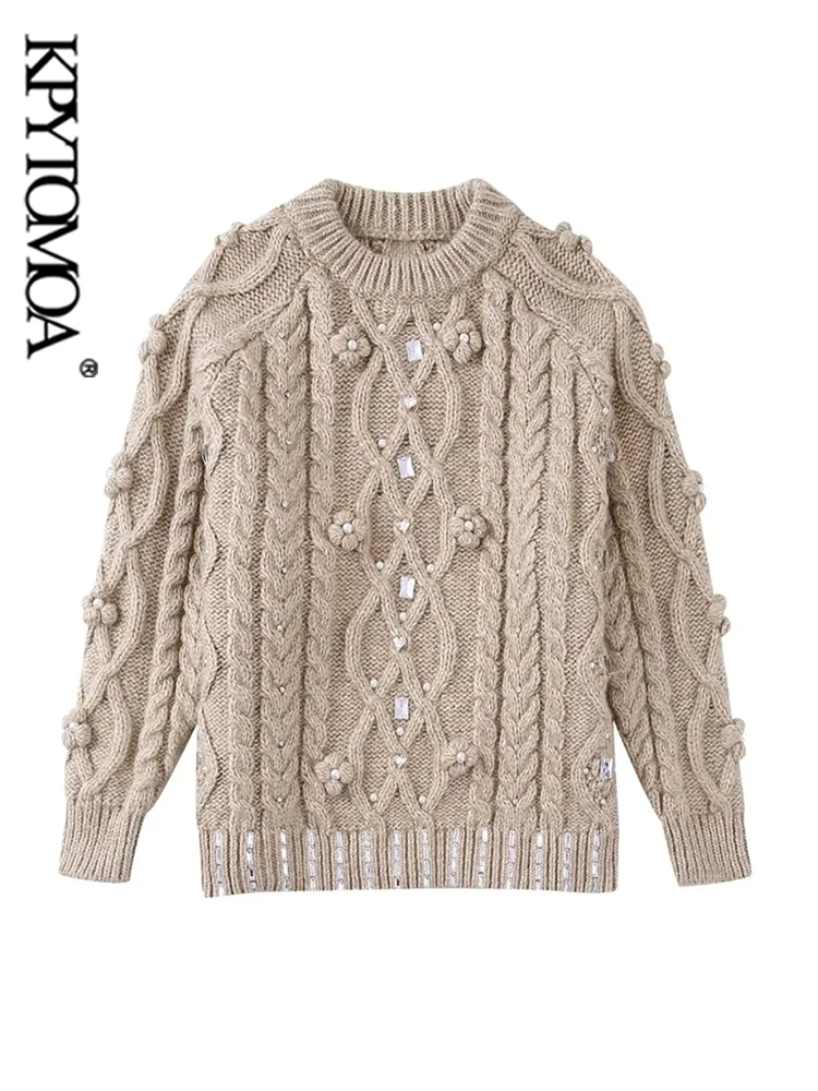 

KPYTOMOA Women Fashion Pearl And Jewel Appliques Knit Sweater Vintage O Neck Long Sleeve Female Pullovers Chic Tops