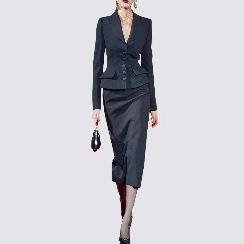 Runway Designer Notched Collar Blazer Coat & Bodycon Midi Skirts Women Fashion 2 Pcs Sets Women Office Work Dress Sets