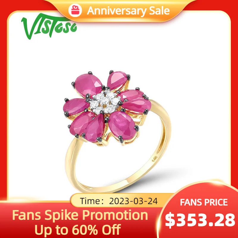 

Женское кольцо с рубинами VISTOSO, желтое золото 14 к 585 пробы, со сверкающими бриллиантами, кольцо в виде цветка, модные ювелирные украшения из драгоценных камней