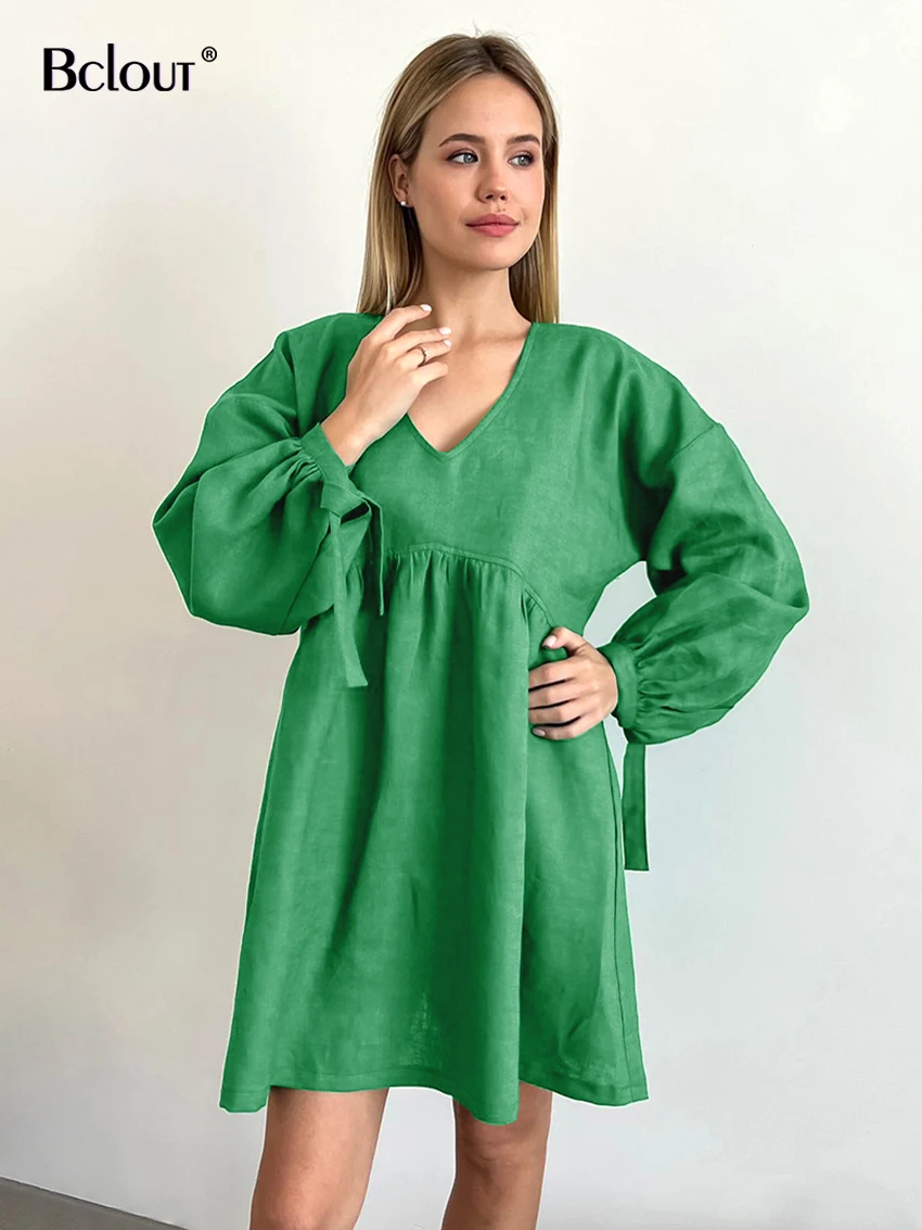 

Bclout Fashion Cotton A-Line Dresses Women 2023 Autumn Solid Long Sleeve Lace-Up Dress Elegant Linen V-Neck Pleated Loose Dress