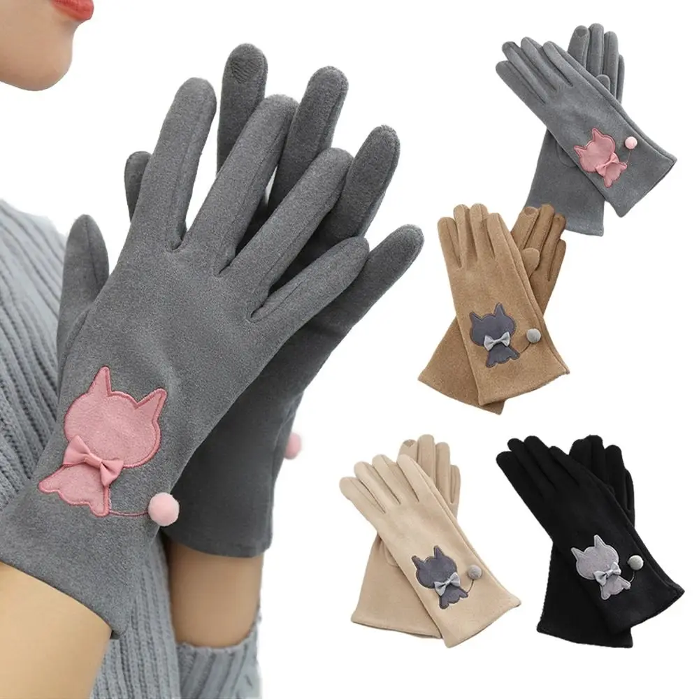 

Five Finger Winter Velvet Gloves Bowknot Cat Plush Driving Gloves Korean Style Cycling Gloves Outdoor Riding Mittens