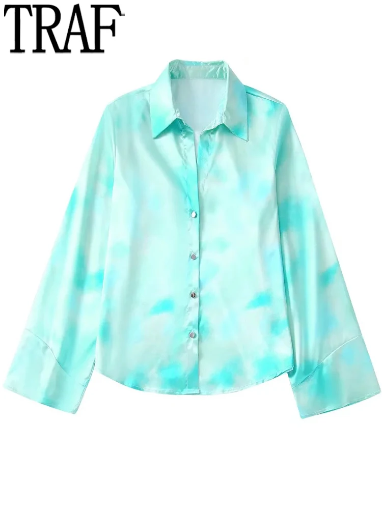 

TRAF Tie Dye Satin Blouse Women Blue Button Up Shirt Woman 2022 Long Sleeve Summer Blouse Female Fashion Baggy Casual Blouses
