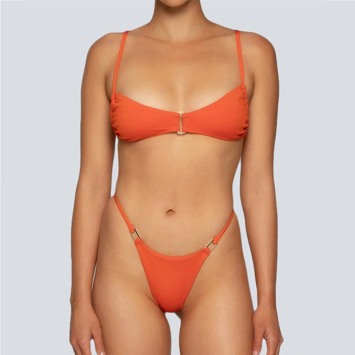 

2022 Women Bikinis Two Piece Bathing Suits Metal Decorative Buckle High Cut Beach Wear Solid Color Push Up Brazilian Biquinis