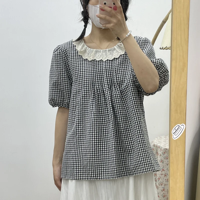 

Bebobsons Under The New Plaid Print Short Sleeve Shirt Women's Blouse Top Preppy Style Lace Puff Sleeve Short Sleeve T-shirt