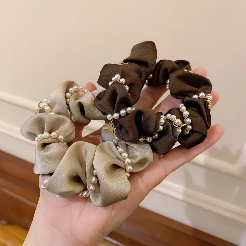 

South Korea's Dongdaemun pearl winding satin hair ring high-quality bow hair rope delicate hair large intestine hair ring