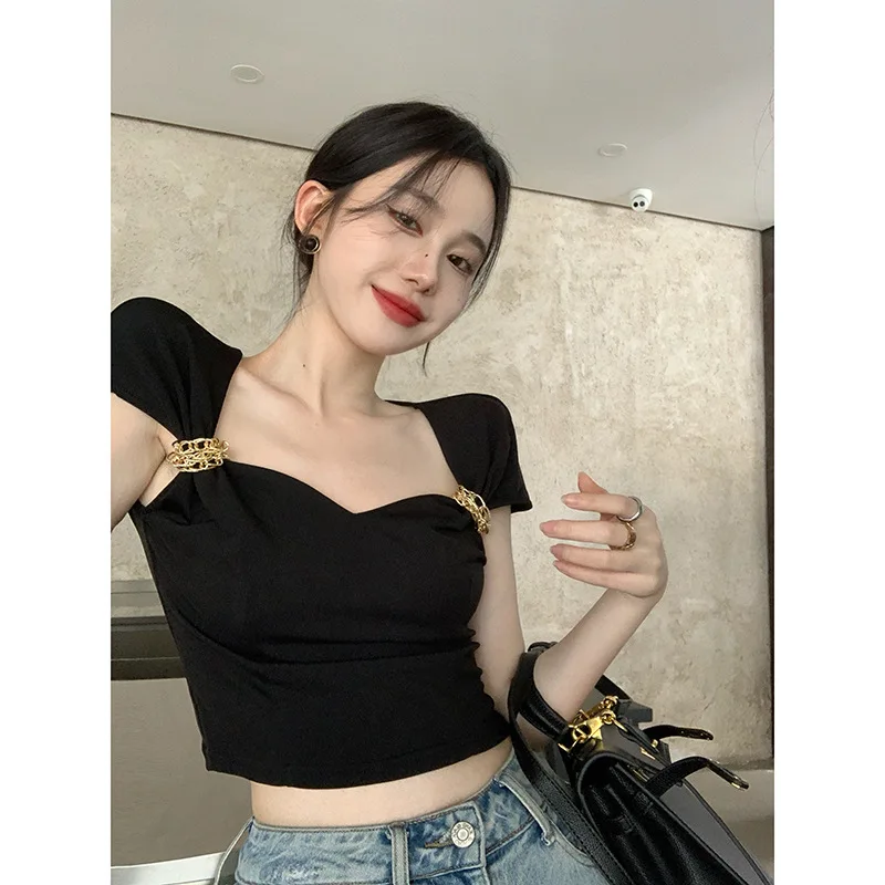 

2023 Cool French Chic Chain Black Strap Female Summer Outside to Wear Hong Kong Style Retro Small Vest with a Bottom Sexy Blouse