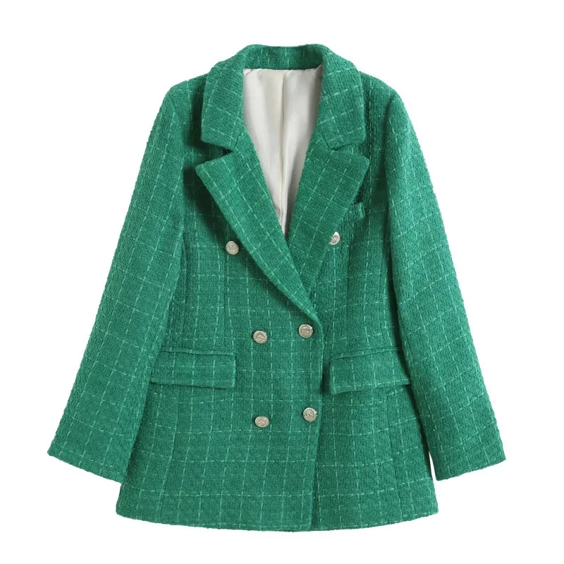 

2023 Women Fashion Double Breasted Houndstooth Blazer Coat Vintage Long Sleeve Flap Pockets Female Outerwear Chic Vestes