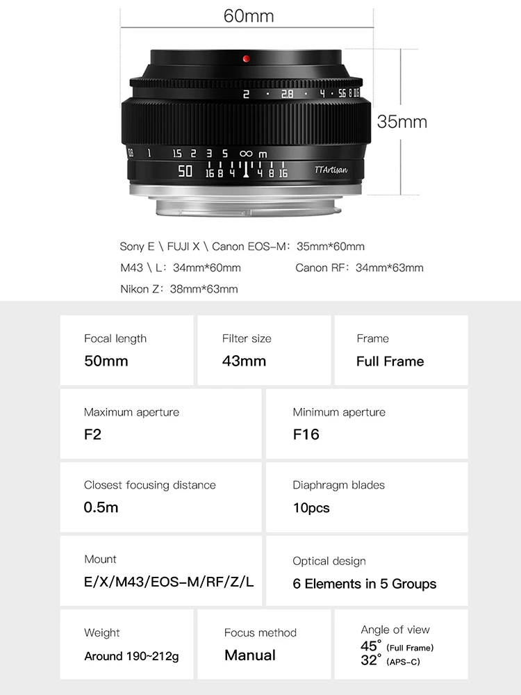 Основной объектив для Fujifilm XF Sony E Leica L Nikon Z Canon RF M43