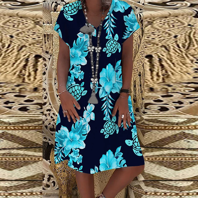 

Women Summer Frangipani Sea Turtle Pattern Casual Loose Short Sleeve Dress Soft and Thin Plus Size V-Neck Dress for Summer