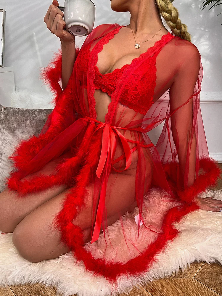 Sexy See Through Lace Feather Robe Nightgown For Women Deep-V Cardigan Horn Sleeve Lingerie Night Wear Bathrobes Nightie