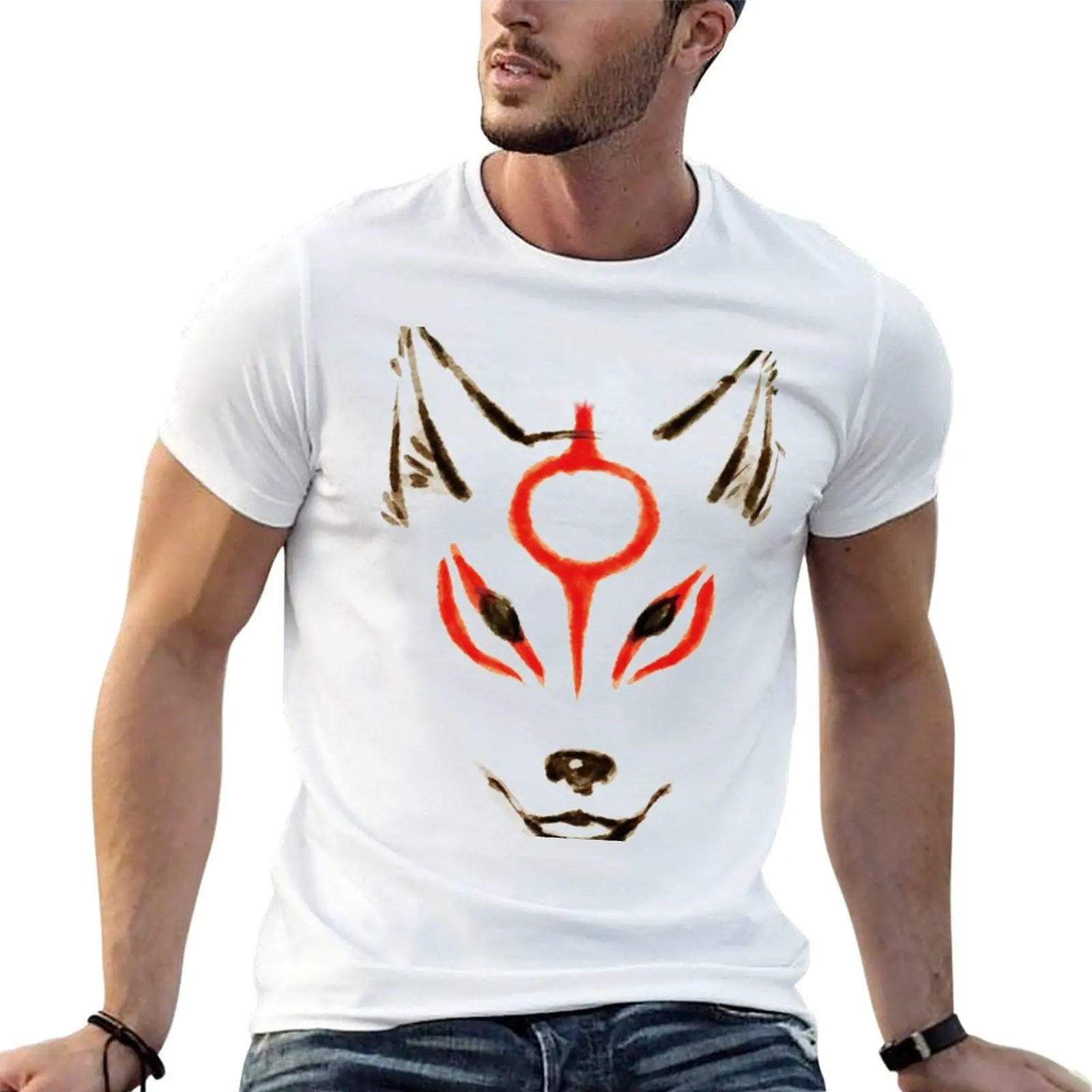 Фото Футболка Okami - Amaterasu Head Outline, мужские хлопковые футболки, мужские повседневные футболки в стиле аниме, футболка оверсайз №1