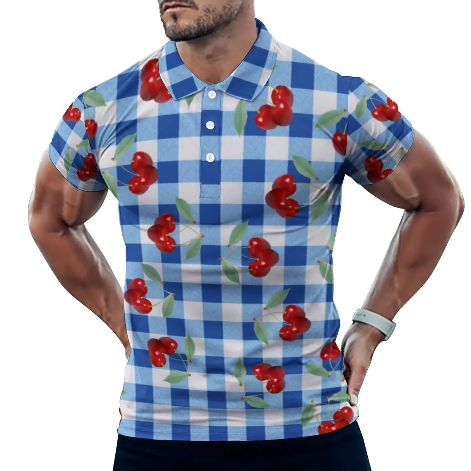 

Повседневные футболки в стиле ретро, с рисунком вишни, синие рубашки-поло в клетку, модная рубашка с воротником, летняя мужская одежда с рису...