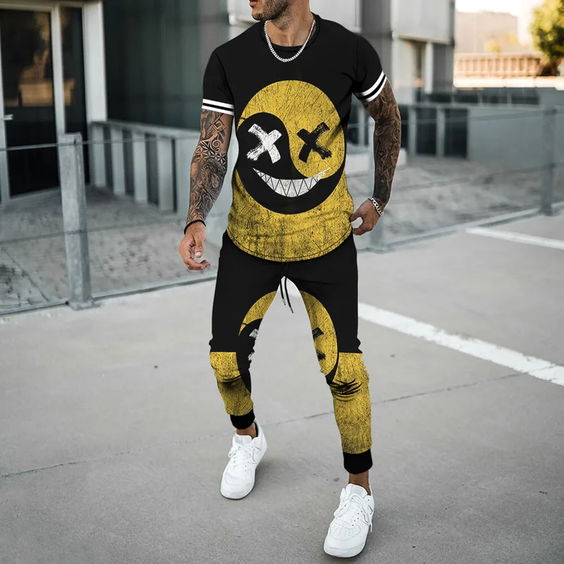 Joogers Men's Tracksuit Smiley Pattern 3D printed short-sleeved T-shirt trousers Casual Summer Men 2 Piece Sets Sport tshirts