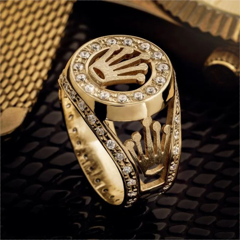 

Trendy Gold Color Zircon Crown Ring For Men Luxury Party Wdiing Male Ring Jewelry Accessories Size 6-13