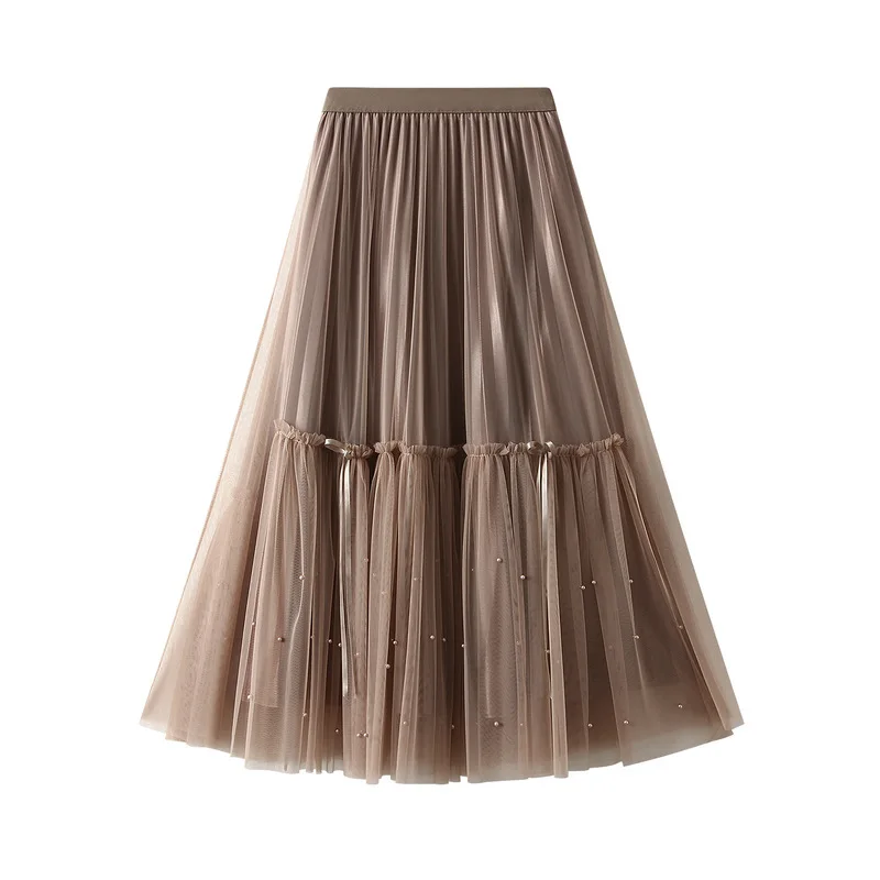 

Two-sided Mesh Beaded Skirt Spring Summer 2022 New High Waist Pleated Skirt Long A-line Skirts Korean Style