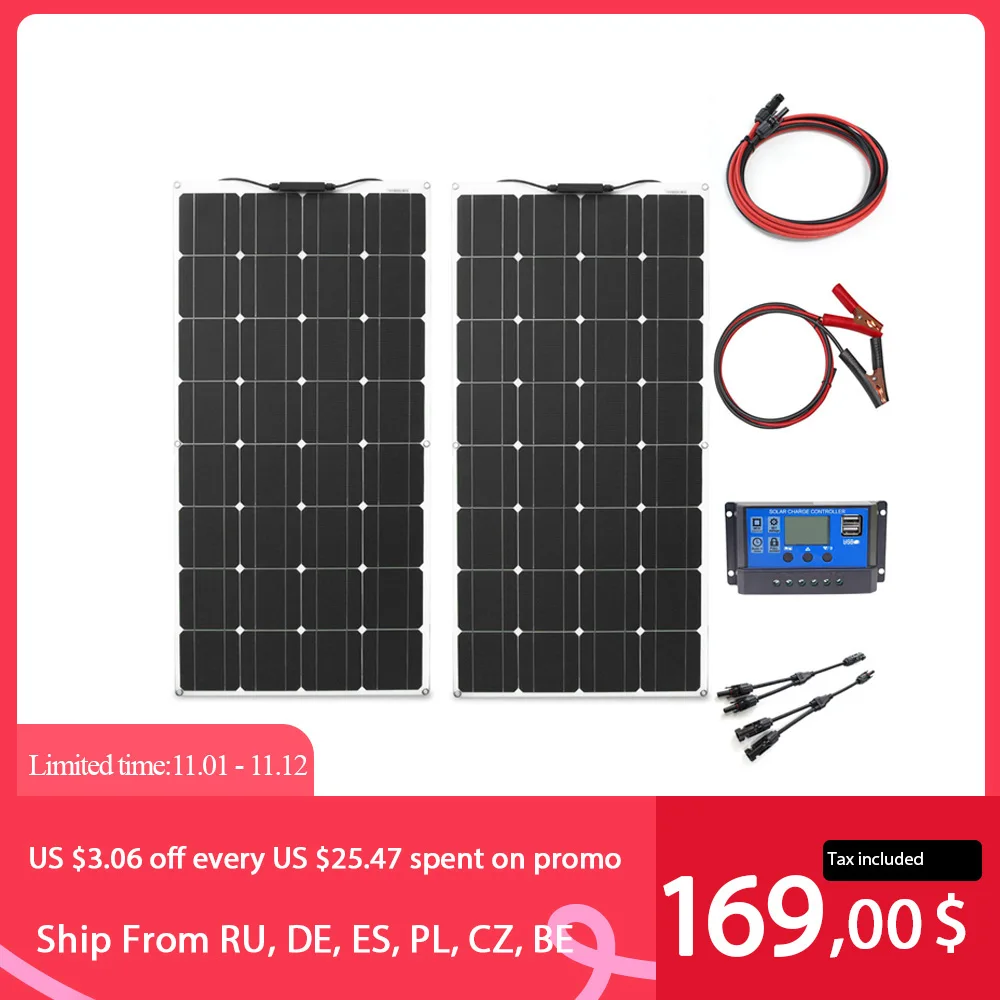

100w 200w flexible solar panel with 10A/20A solar regulator cable for 12v battery charger home roof