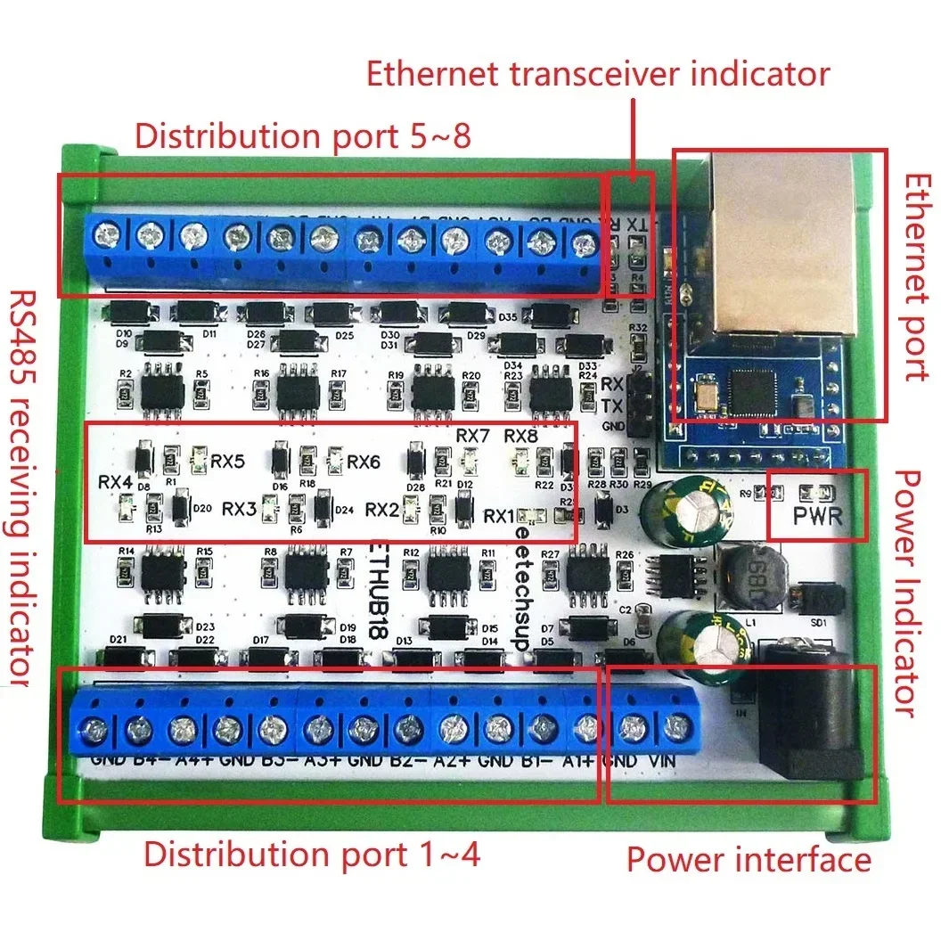 8-канальный сетевой Ethernet-конвертер RS485 постоянного тока 12-24 В для UDP TCP Modbus RTU MQTT HTTP