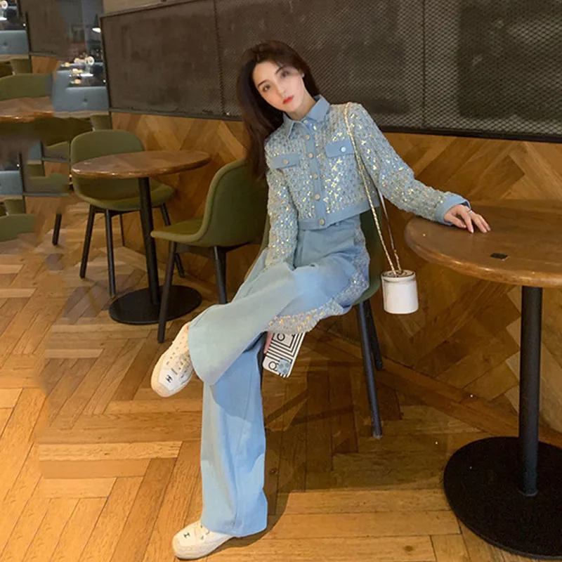 Корейский новый весенний костюм 2023 из двух предметов: джинсовая куртка с