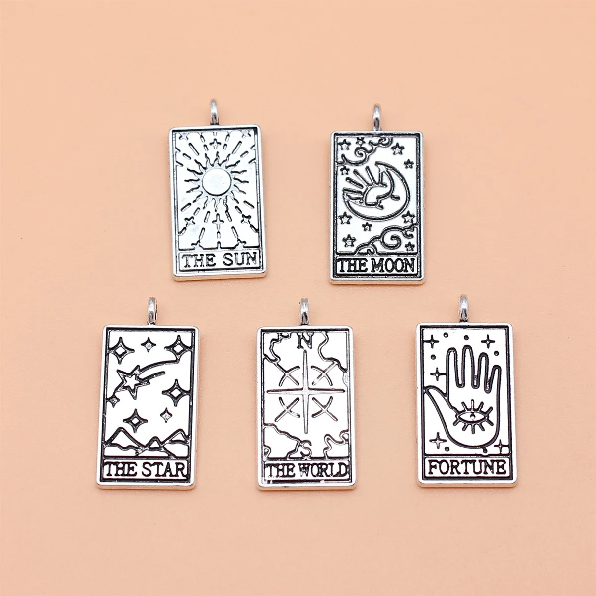 

5pcs Antique Silver Color Tarot Charms Collection For DIY Jewelry Making, 5 Styles, 1 of Each