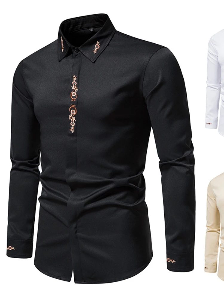 Camouflage Phoenix Flower Embroidery Lapel Shirt Trend Repair Trend Men's Shirt Slim Print Urban Shirt 2022 New Clothing