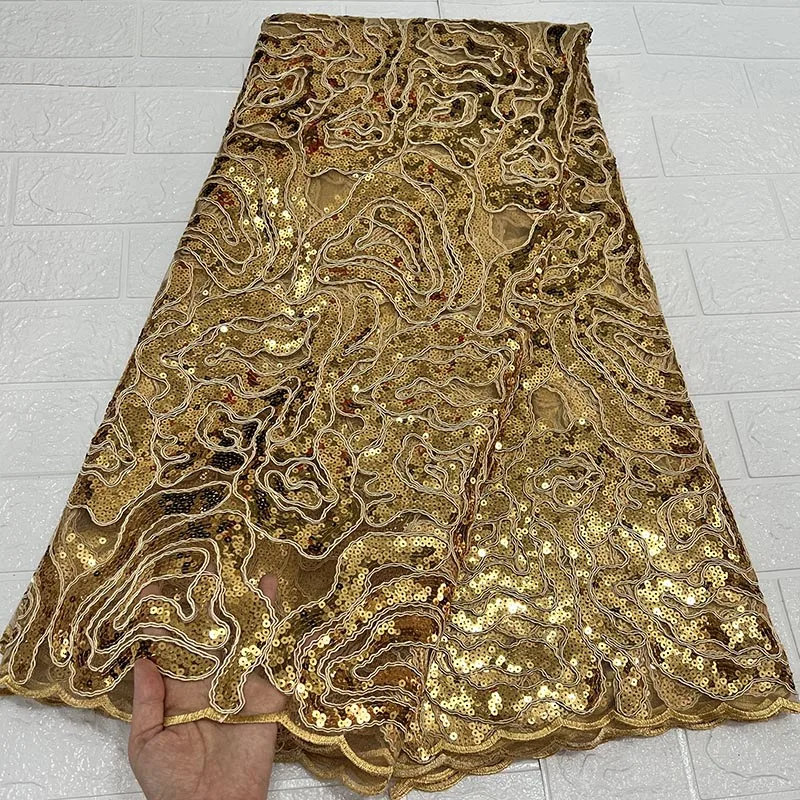 

2022 High Quality Nigerian Guipure Fabric Embroidery French Net African Lace Fabric Weaving Design Golden Sequins Lace Fabric