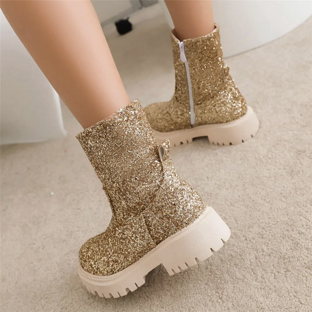 Women Chelsea Boots Shiny Sequined Cloth 2022 Autumn Winter Trend Thick-soled Women Ankle Boots All-match Marton Boots Ladies