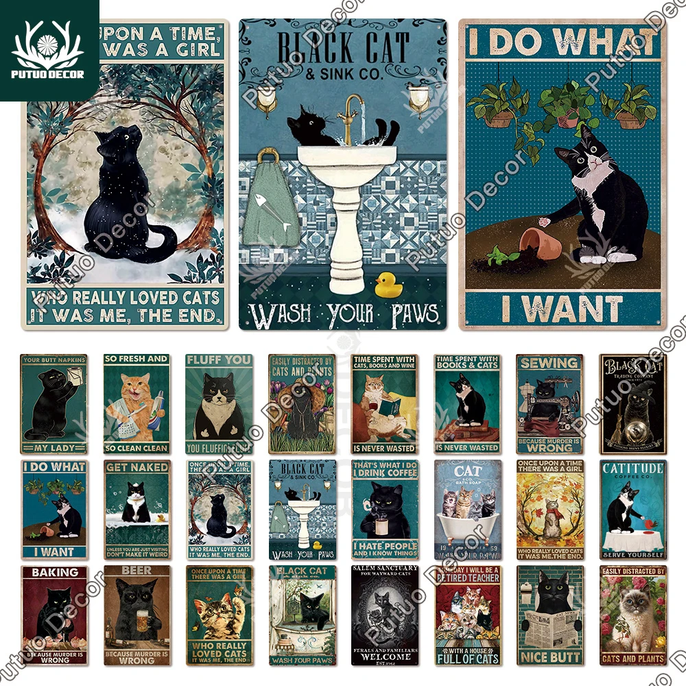 

Putuo Decor Black Cat Vintage Tin Sign Plaque Metal Retro Poster Iron Painting Decoration for Living Room Pet Shop Wall Decor