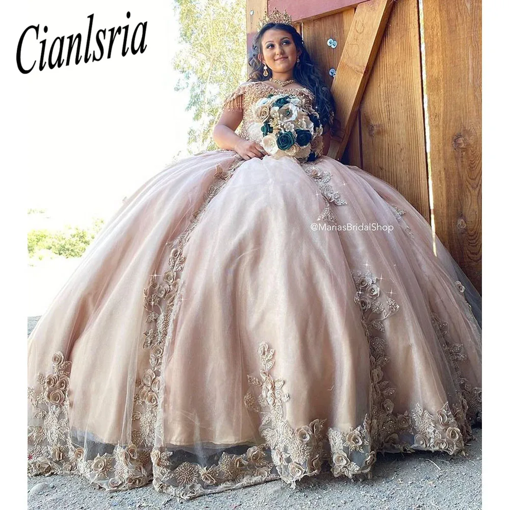 

Женское платье-корсет с открытыми плечами, кружевное бальное платье цвета шампанского с бусинами и искусственным жемчугом, с 3D аппликацией,...