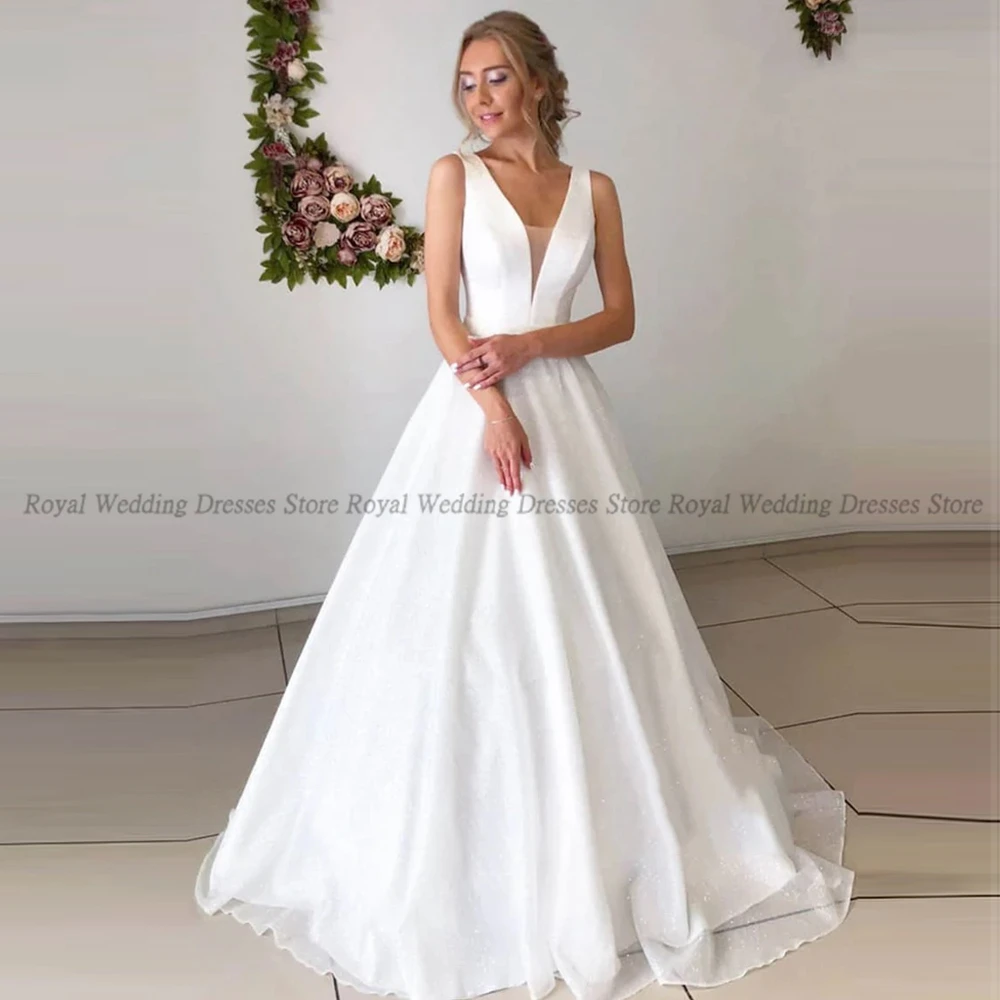 

RANMO Fashion A line Wedding Dresses V Neck Sleeveless Tulle Applique Strapless Open Back 2022 Floor Length Gowns Robe De Ma