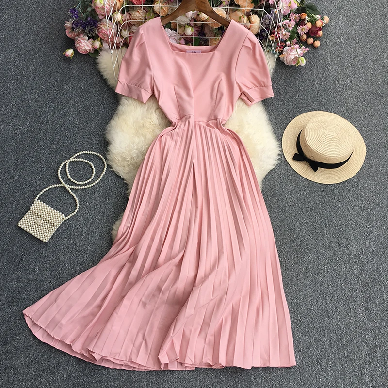 

Square Collar Sweet Women Chic Female Summer Office Lady Folds Black Ladies Vestido Fashion A Line Elegant Casual Party Dress