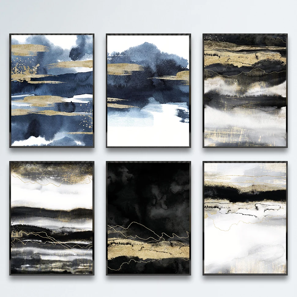 

Modern Simple Art Posters Home Decor Black Gold Abstract Line Picture Wall Art Canvas Painting for Living Room Design
