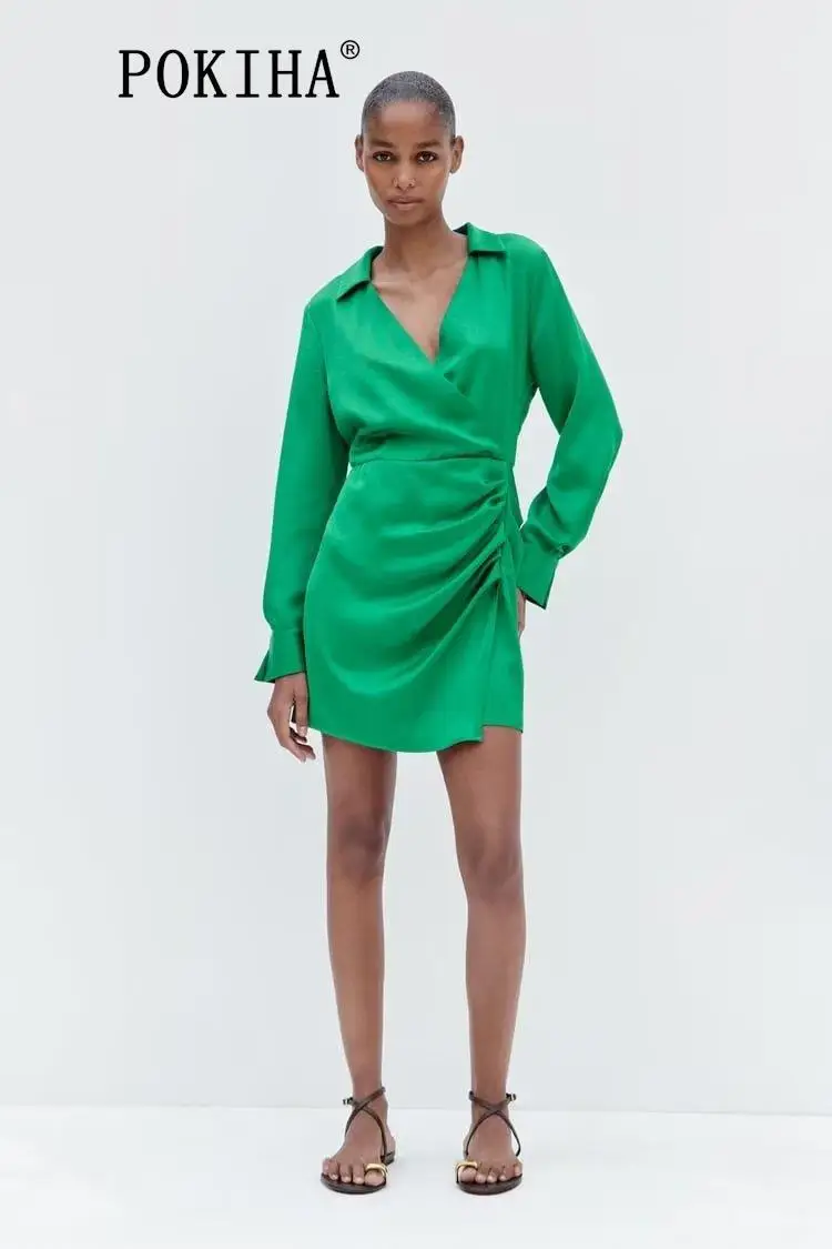 

Модное женское Плиссированное атласное мини-платье Pokiha с V-образным вырезом и длинным рукавом, облегающее элегантное женское платье-рубашка, женские платья