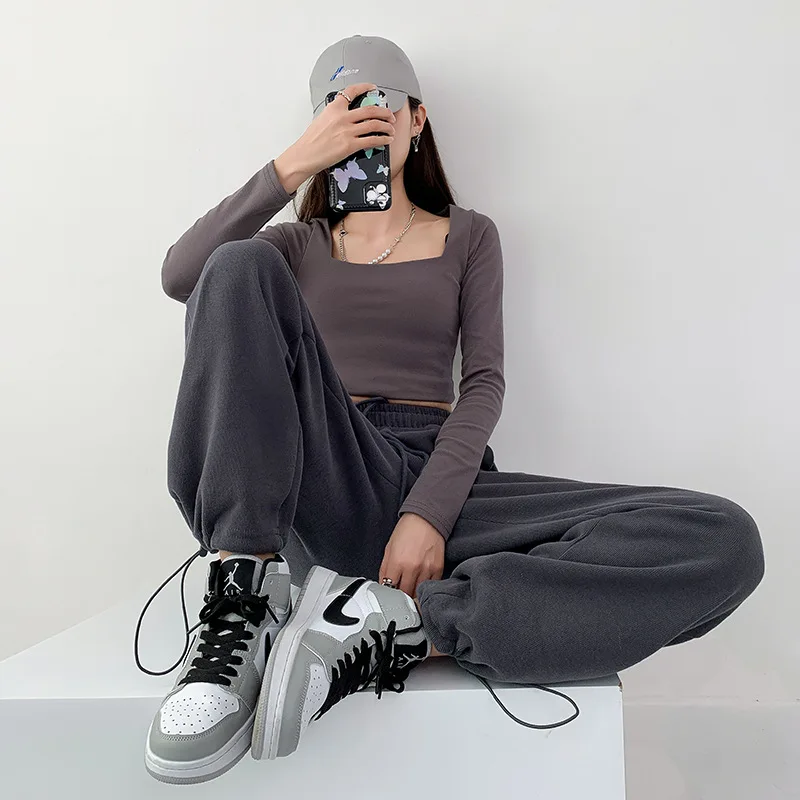 

Серые спортивные штаны, женские свободные широкие брюки, прямые облегающие серые свитеры на весну и осень, женские спортивные брюки