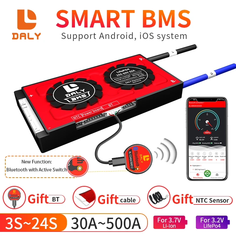 

DALY Smart BMS 12V 36V 48V 30A 60A 80A 100A 120A 150A 200A LiFePo4 Li-Ion Battery 3S 4S 7S 8S 10S 12S 13S 16S 20S 24S Balance