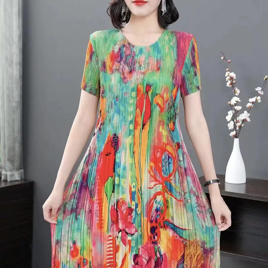 Fashion Mother Dress Summer Dress Middle-aged and Elderly Women's Short Sleeve Loose Cover Belly Western Style Vestidos Q35