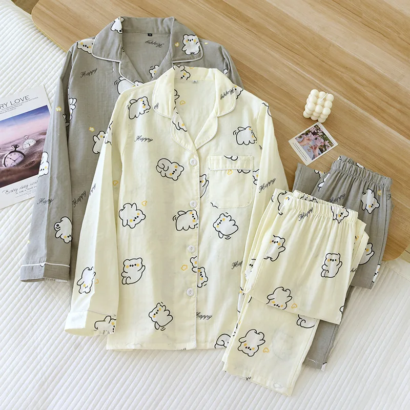 

Cotton Double-layer Gauze Couple Pajama Suit Loungewear Women All Seasons Thin Long-sleeved Men Loose Cardigan Printing Homewear