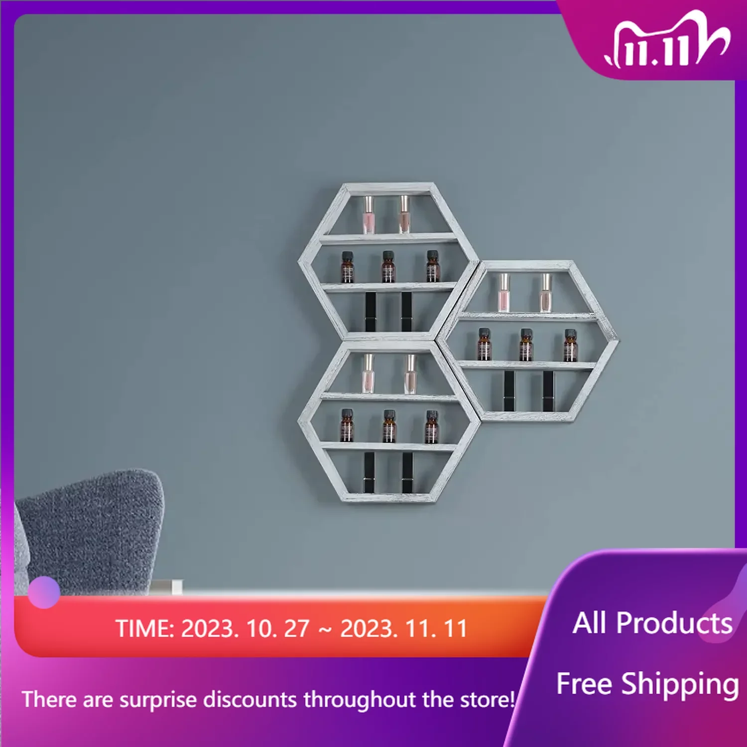 

Free Shipping Essential Storage Shelf Nail Polish Organizer, Set of 3 Hexagon Floating Shelves Wall Mounted Shelves, Cosmetic D