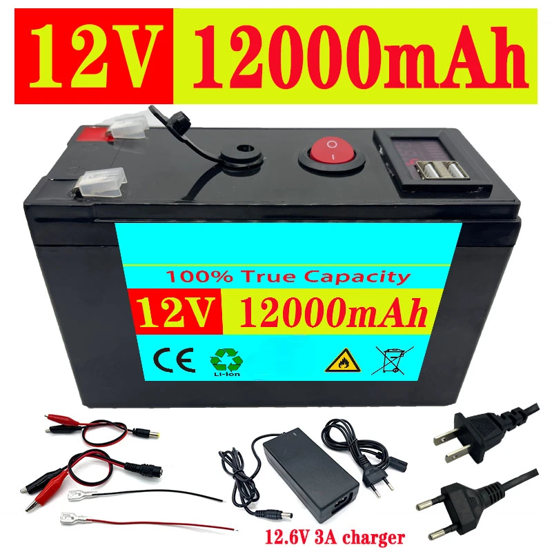 

Portable Sprayer 12V 12000MAh 18650 Lithium Battery 5V 2.1A USB DC Stroller Roller Shutter Audio Backup Power + 12.6V 3A Charger