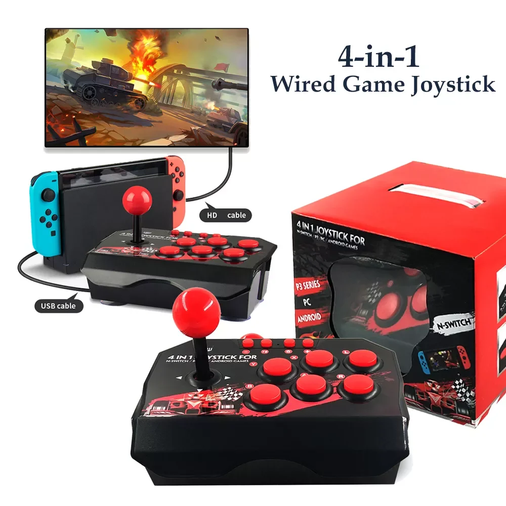 

4 In 1 USB Wired Game Joystick Retro Arcade Console Rocker Fighting Controller Gming Joysticks for PS3/N-Switch/PC/Android TV