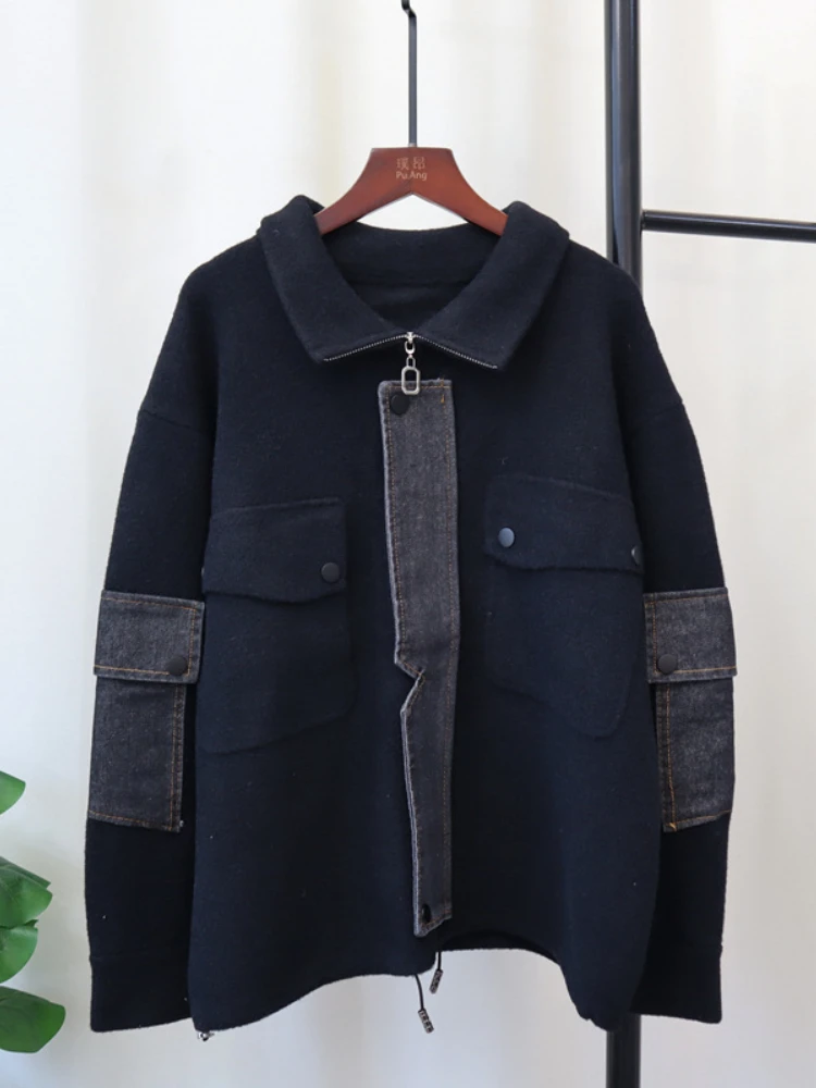 Осень-зима 2024 модный новый вязаный двухсторонний кардиган из денима на молнии