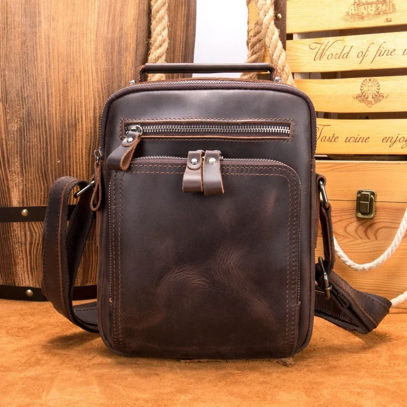 

Retro Crazy Horse Leather Men Shoulder Bag Multi-Functional Crossbody Bag Man Cowhide Leather Daily Messenger Bag For Male
