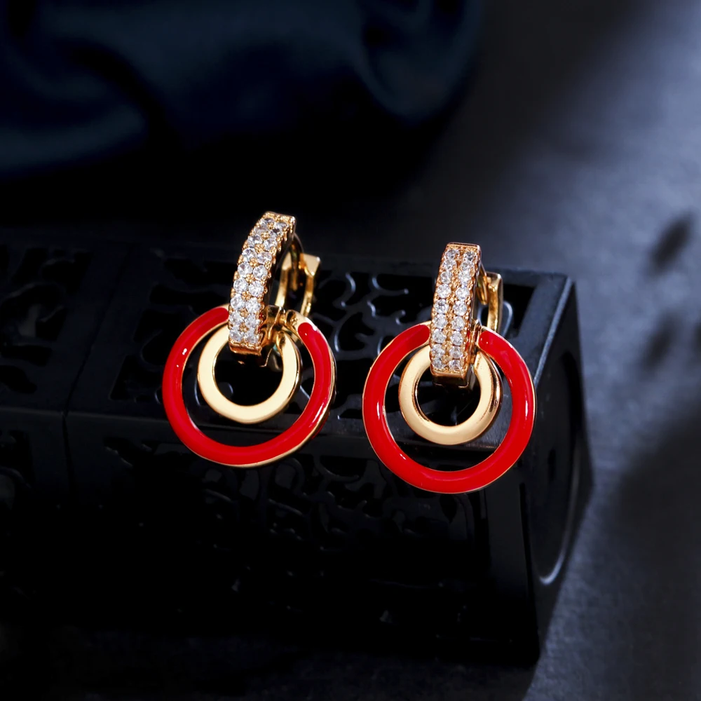 

ThreeGraces Fashion Red Enamel Round Shape Gold Color Small Dangle Circle Hoop Earrings for Women Punk Party CZ Jewelry ER823