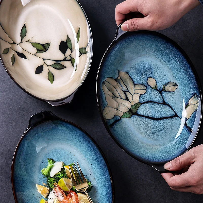 

Креативная керамическая бинауральная тарелка для рыбы, японские домашние овальные обеденные тарелки, большая тарелка для фруктового салата, столовая посуда для ресторана и кухни