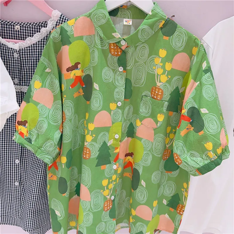 Новинка Свободная рубашка в гонконгском ретро-стиле с мультяшным принтом