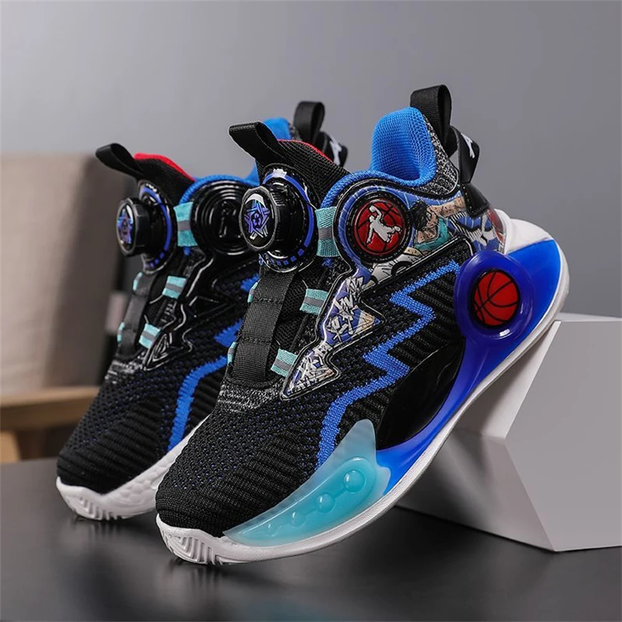 2023 New Boys' Basketball Shoes Kid's Mesh Breathable Sports Shoes Students Rotary Button Running Shoes Boys Basketball Sneakers